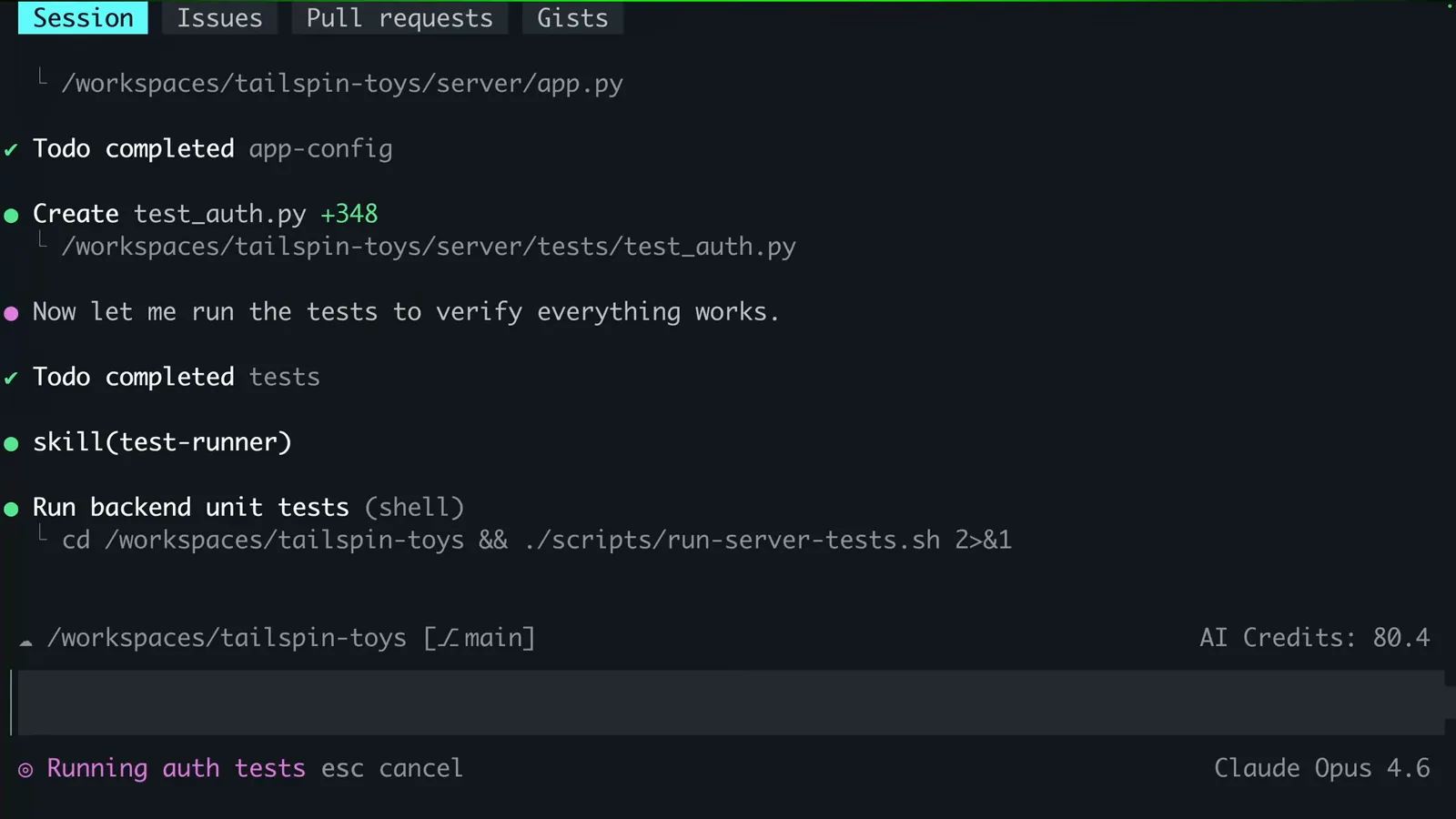 Copilot cloud sandbox creating test_auth.py and running backend unit tests through the test-runner skill inside /workspaces/tailspin-toys