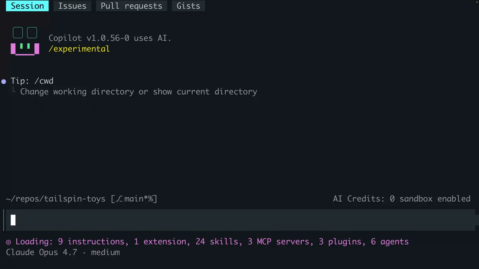 Copilot CLI v1.0.56 session start in a repo showing the yellow /experimental badge with the sandbox enabled indicator lit in the status bar