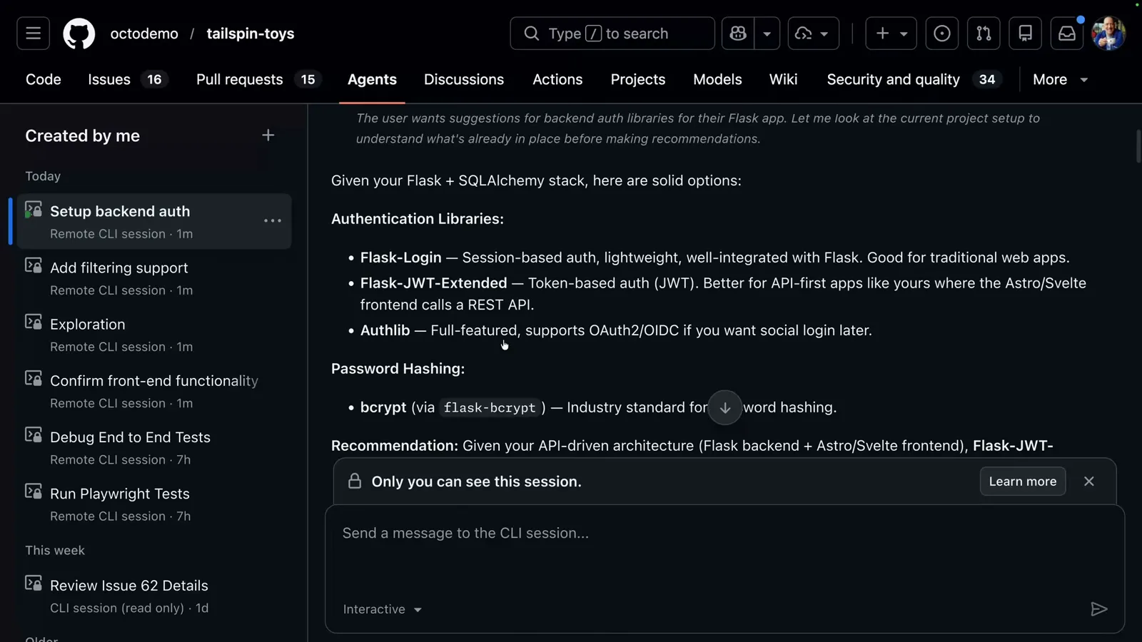 GitHub.com Agents tab listing Remote CLI sessions for the tailspin-toys repo while Copilot recommends Flask auth libraries in the session panel