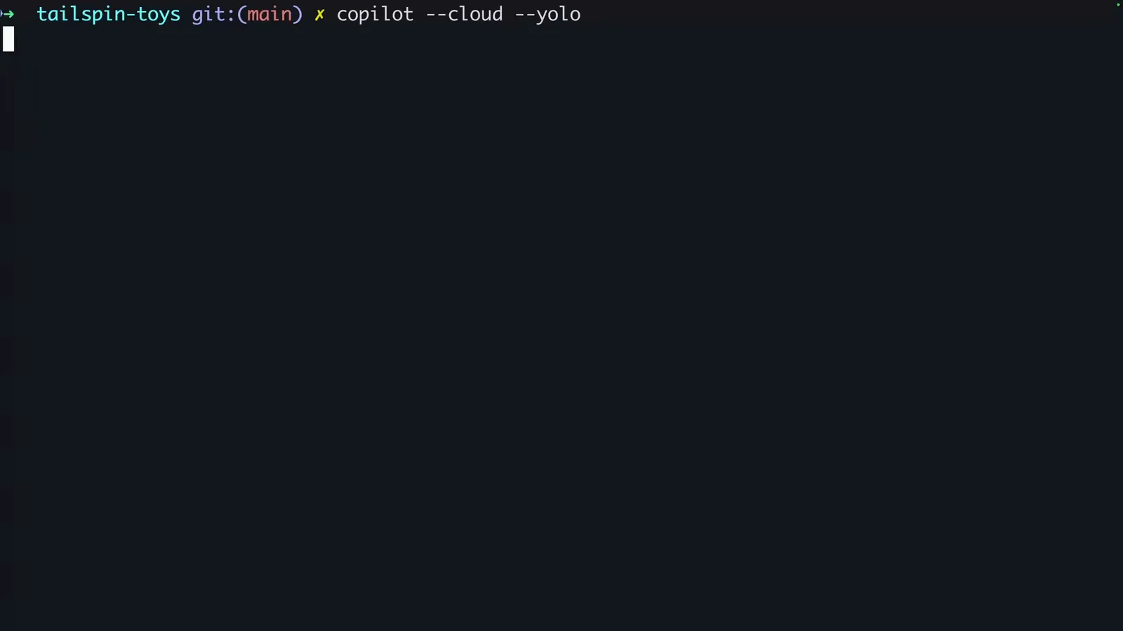 Terminal launching a Copilot cloud sandbox with the copilot --cloud --yolo command typed at the tailspin-toys git prompt