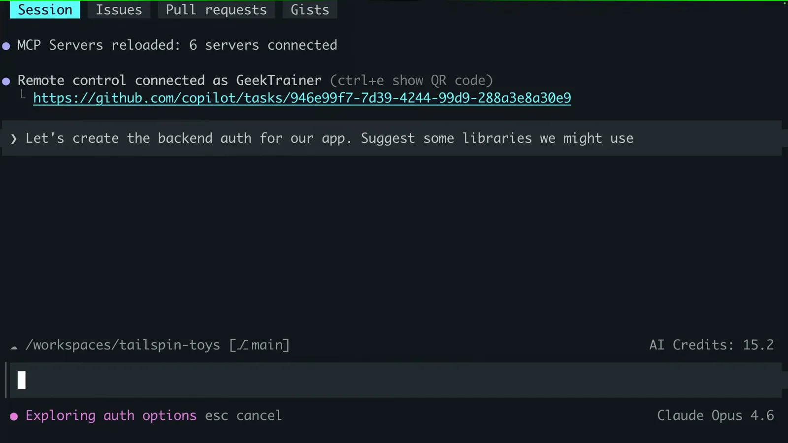 Copilot cloud session showing Remote control connected as GeekTrainer with the github.com/copilot/tasks session URL and the ctrl+e QR code hint
