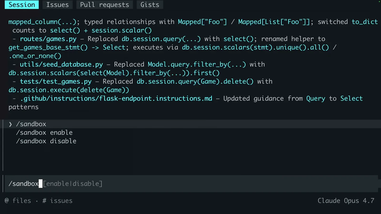 Copilot CLI slash-command menu listing /sandbox enable and /sandbox disable above the /sandbox [enable|disable] prompt hint
