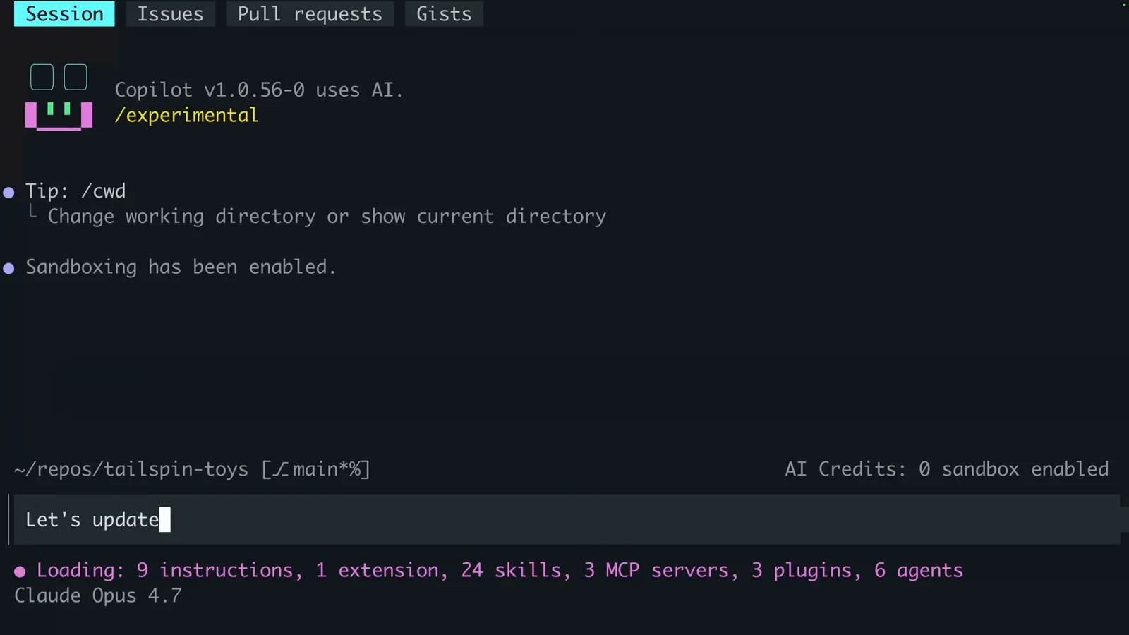 Copilot CLI printing Sandboxing has been enabled with the status bar reading sandbox enabled next to AI Credits 0