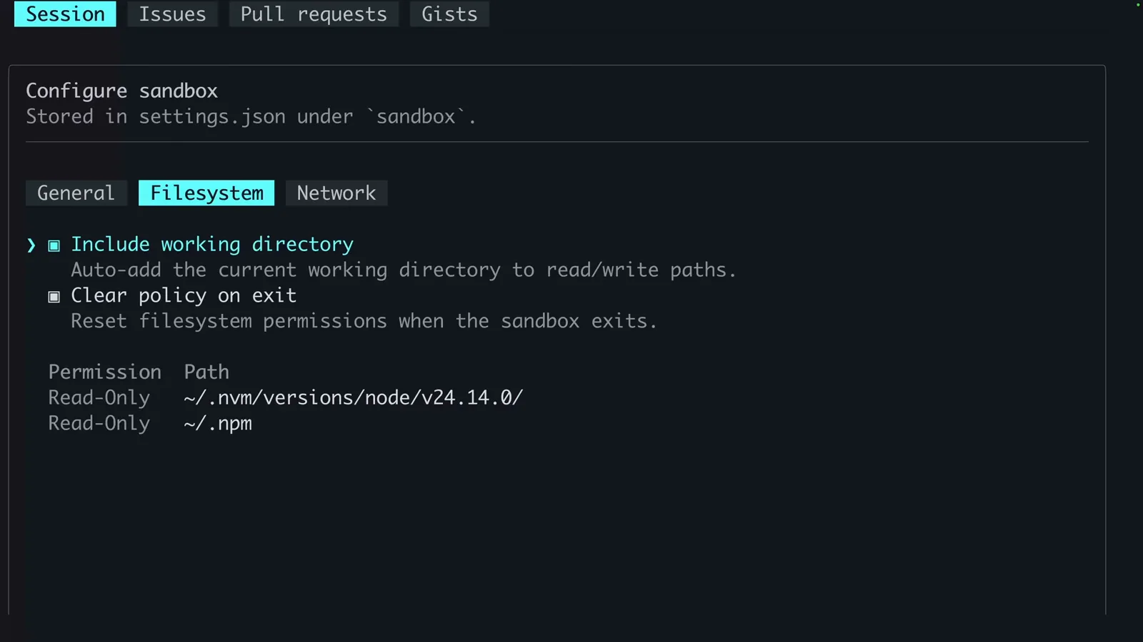 Copilot CLI sandbox Filesystem tab showing Include working directory, Clear policy on exit and the read-only ~/.nvm and ~/.npm path list