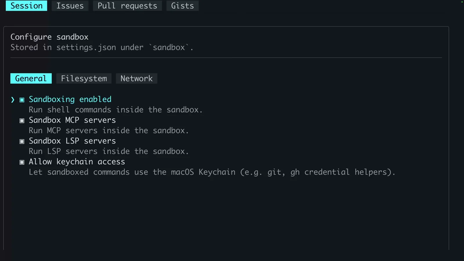 Copilot CLI Configure sandbox panel on the General tab with Sandboxing enabled, Sandbox MCP servers, Sandbox LSP servers and Allow keychain access checkboxes