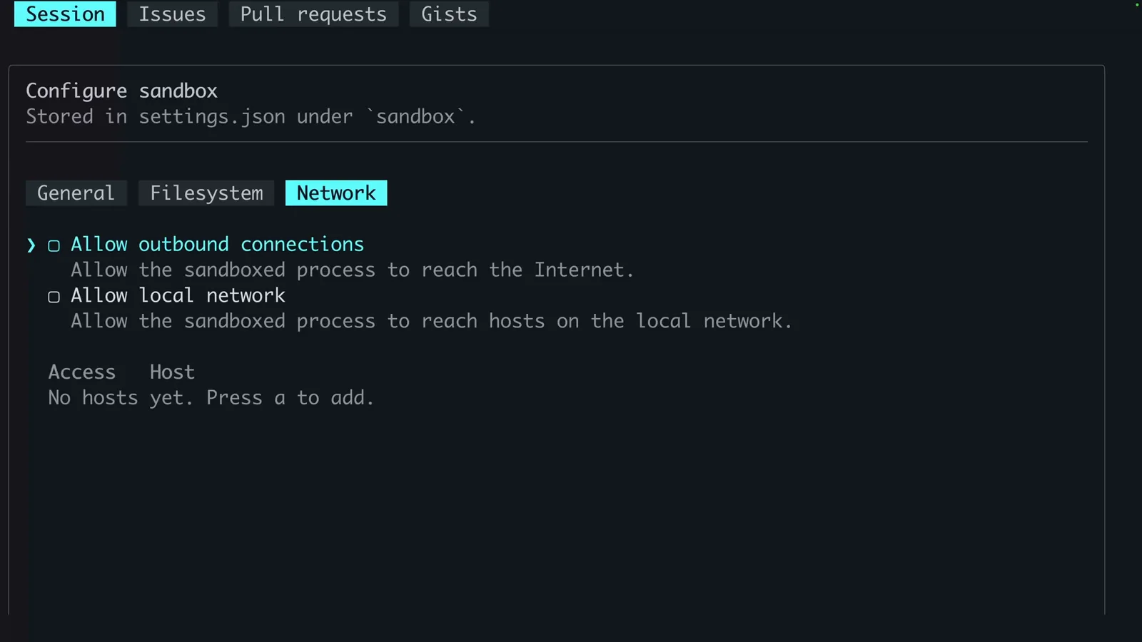 Copilot CLI sandbox Network tab with the Allow outbound connections and Allow local network checkboxes plus an empty Access Host list