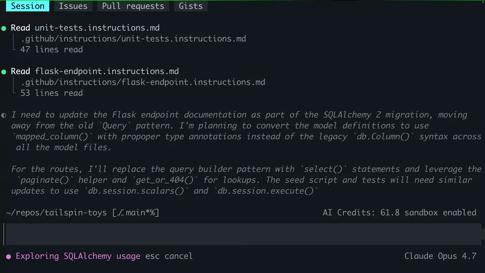 Copilot CLI agent planning a SQLAlchemy 2.0 migration while the status bar reads sandbox enabled at 61.8 AI Credits