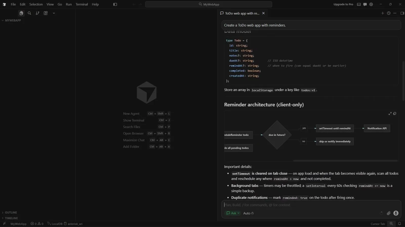 Cursor agent reply proposing a Todo TypeScript data model and a client-only reminder architecture flowchart from scheduleReminder through setTimeout to the Notification API Cursor agent reply proposing a Todo TypeScript data model and a client-only reminder architecture flowchart from scheduleReminder through setTimeout to the Notification API