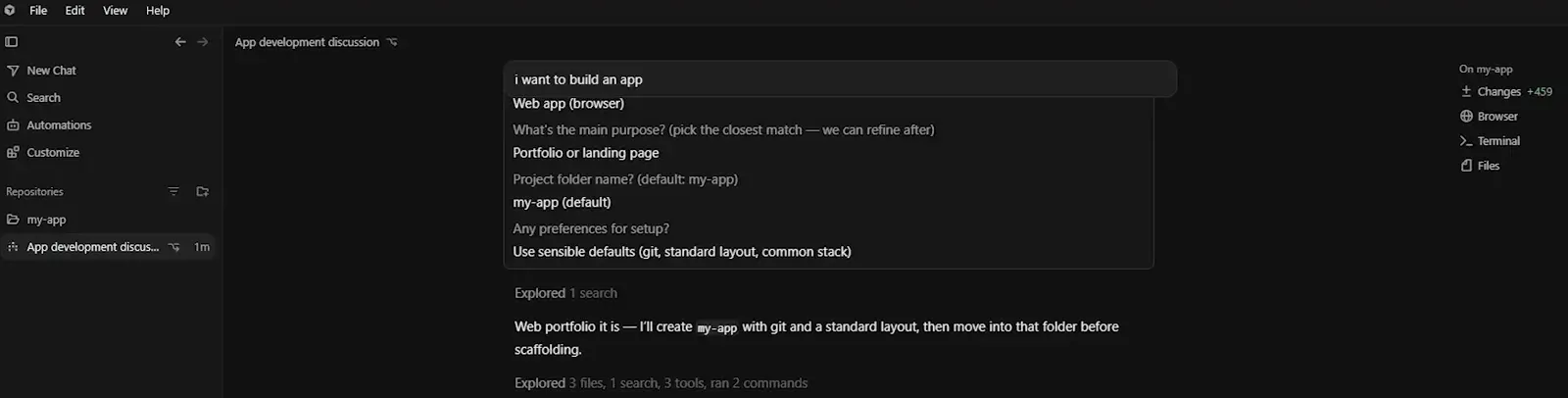 Cursor Agents Window thread echoing the four answered setup questions — Web app (browser), Portfolio or landing page, my-app (default) and Use sensible defaults — above the agent line Web portfolio it is, with the right rail showing On my-app and Changes +459 Cursor Agents Window thread echoing the four answered setup questions — Web app (browser), Portfolio or landing page, my-app (default) and Use sensible defaults — above the agent line Web portfolio it is, with the right rail showing On my-app and Changes +459