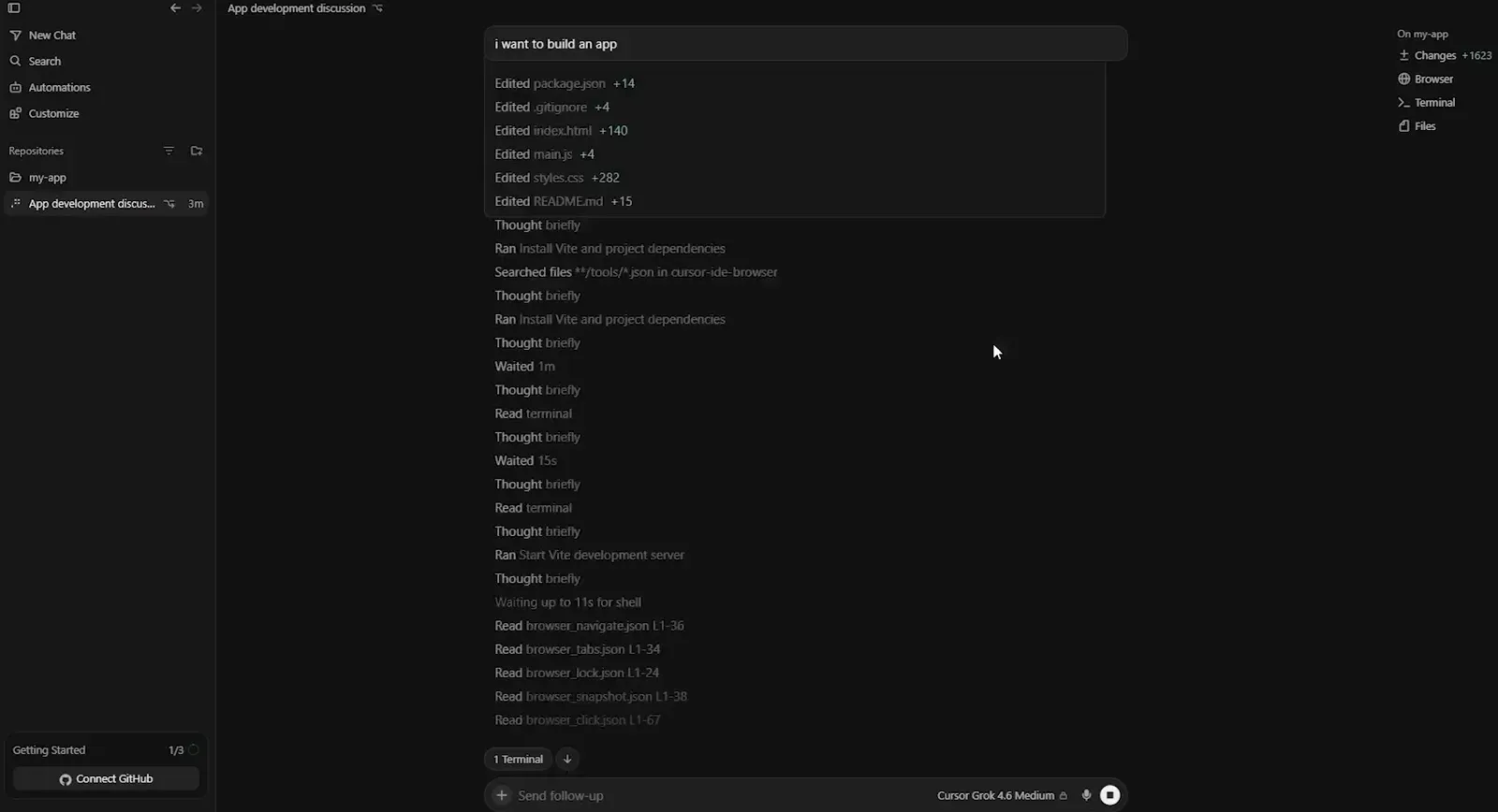 Cursor Agents Window change list itemising Edited package.json +14, .gitignore +4, index.html +140, main.js +4, styles.css +282 and README.md +15, with Changes +1623 tallied in the right rail after the Vite scaffold ran Cursor Agents Window change list itemising Edited package.json +14, .gitignore +4, index.html +140, main.js +4, styles.css +282 and README.md +15, with Changes +1623 tallied in the right rail after the Vite scaffold ran