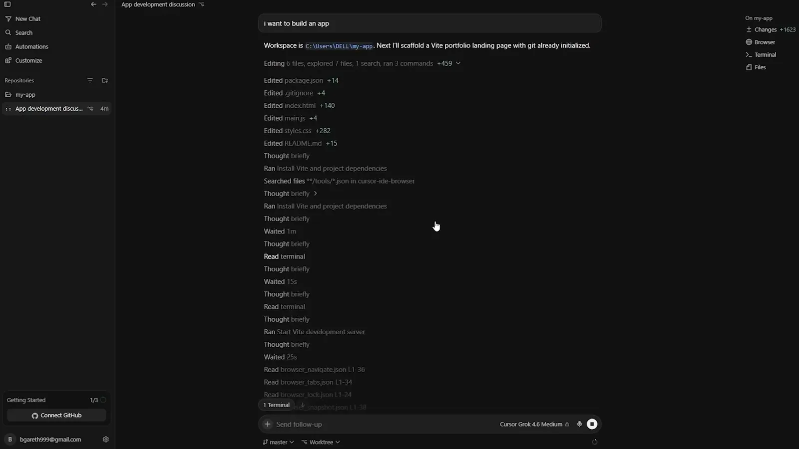 Cursor Agents Window file change list with package.json, index.html, styles.css and README edits plus line counts, ready to create a branch and commit for a Project Cursor Agents Window file change list with package.json, index.html, styles.css and README edits plus line counts, ready to create a branch and commit for a Project