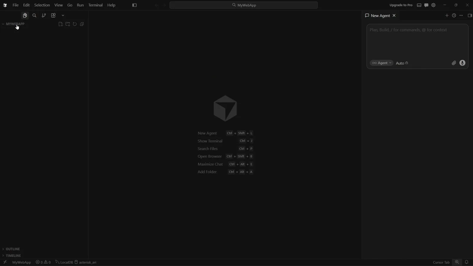 Empty Cursor workspace listing the New Agent, Show Terminal, Search Files, Open Browser, Maximize Chat and Add Folder keyboard shortcuts beside the docked New Agent panel Empty Cursor workspace listing the New Agent, Show Terminal, Search Files, Open Browser, Maximize Chat and Add Folder keyboard shortcuts beside the docked New Agent panel