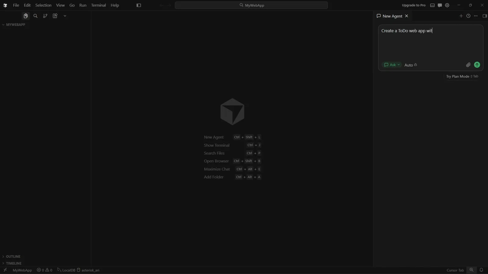 Cursor New Agent chat box with the prompt Create a ToDo web app with reminders typed in and the Try Plan Mode Shift+Tab hint underneath Cursor New Agent chat box with the prompt Create a ToDo web app with reminders typed in and the Try Plan Mode Shift+Tab hint underneath