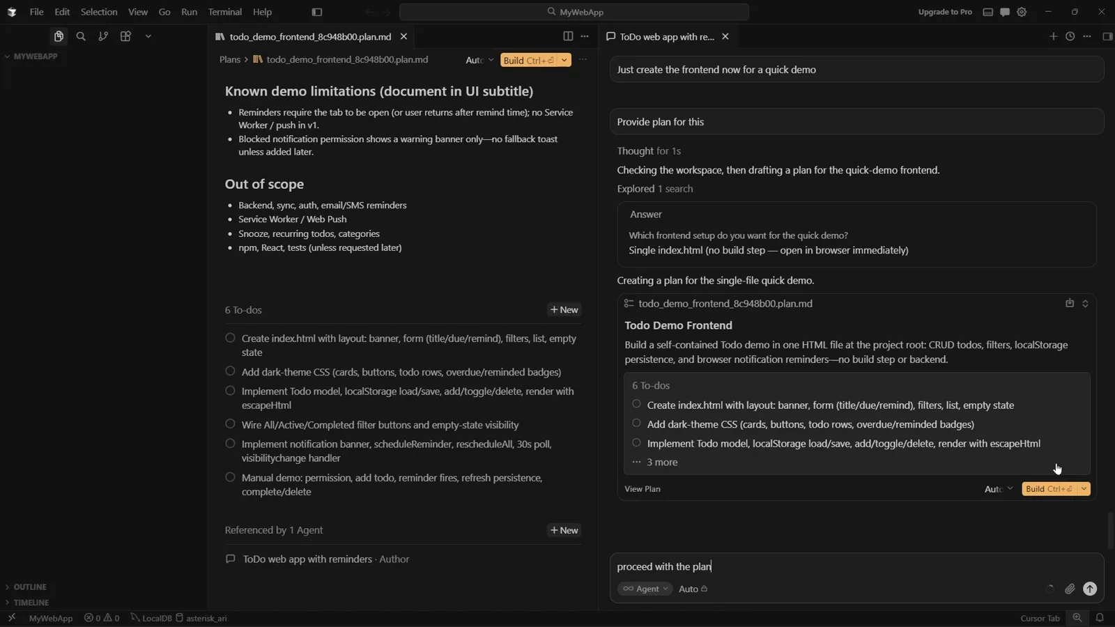 Generated todo_demo_frontend plan markdown file open in the Cursor editor beside its plan card with six To-dos, View Plan and the Build Ctrl+Enter button Generated todo_demo_frontend plan markdown file open in the Cursor editor beside its plan card with six To-dos, View Plan and the Build Ctrl+Enter button