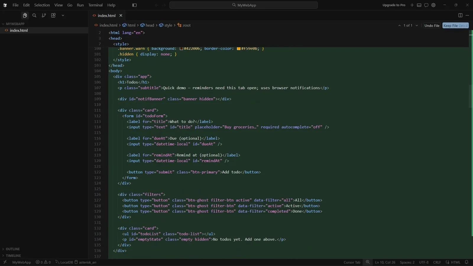 Cursor editor showing generated index.html highlighted as a new file with the Undo File and Keep File buttons in the top right of the tab Cursor editor showing generated index.html highlighted as a new file with the Undo File and Keep File buttons in the top right of the tab