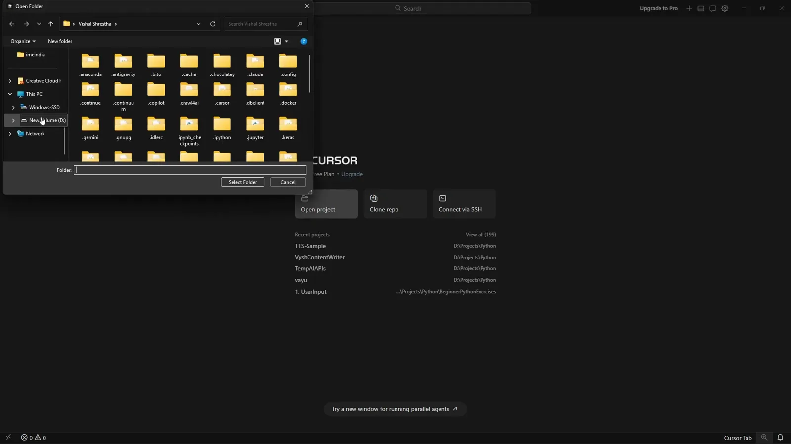Windows Open Folder dialog inside Cursor with the New folder button used to create an empty project directory before the agent writes any code Windows Open Folder dialog inside Cursor with the New folder button used to create an empty project directory before the agent writes any code