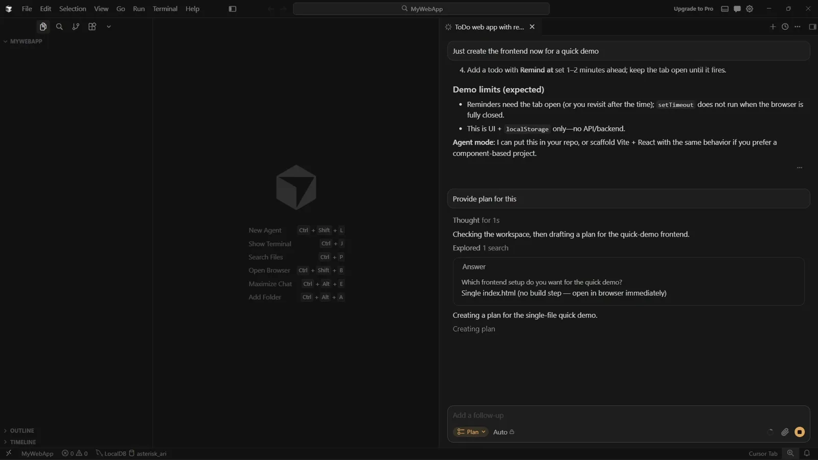 Cursor chat thread echoing the chosen Answer of Single index.html no build step while the agent writes Creating plan in Plan mode Cursor chat thread echoing the chosen Answer of Single index.html no build step while the agent writes Creating plan in Plan mode