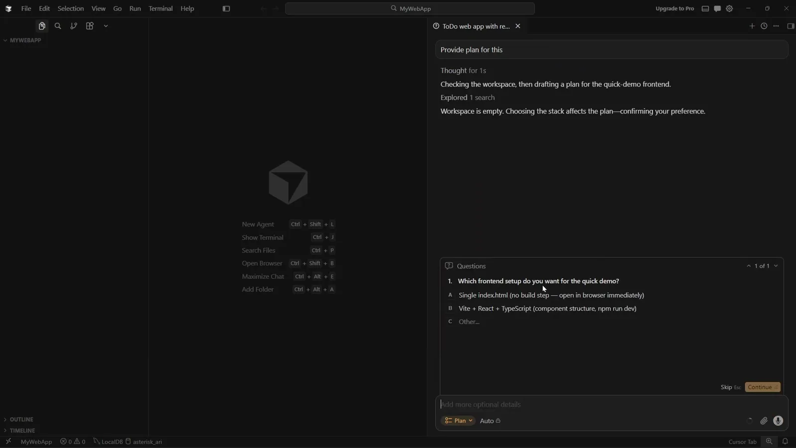 Cursor Plan mode Questions card asking Which frontend setup do you want for the quick demo with single index.html and Vite React TypeScript options Cursor Plan mode Questions card asking Which frontend setup do you want for the quick demo with single index.html and Vite React TypeScript options