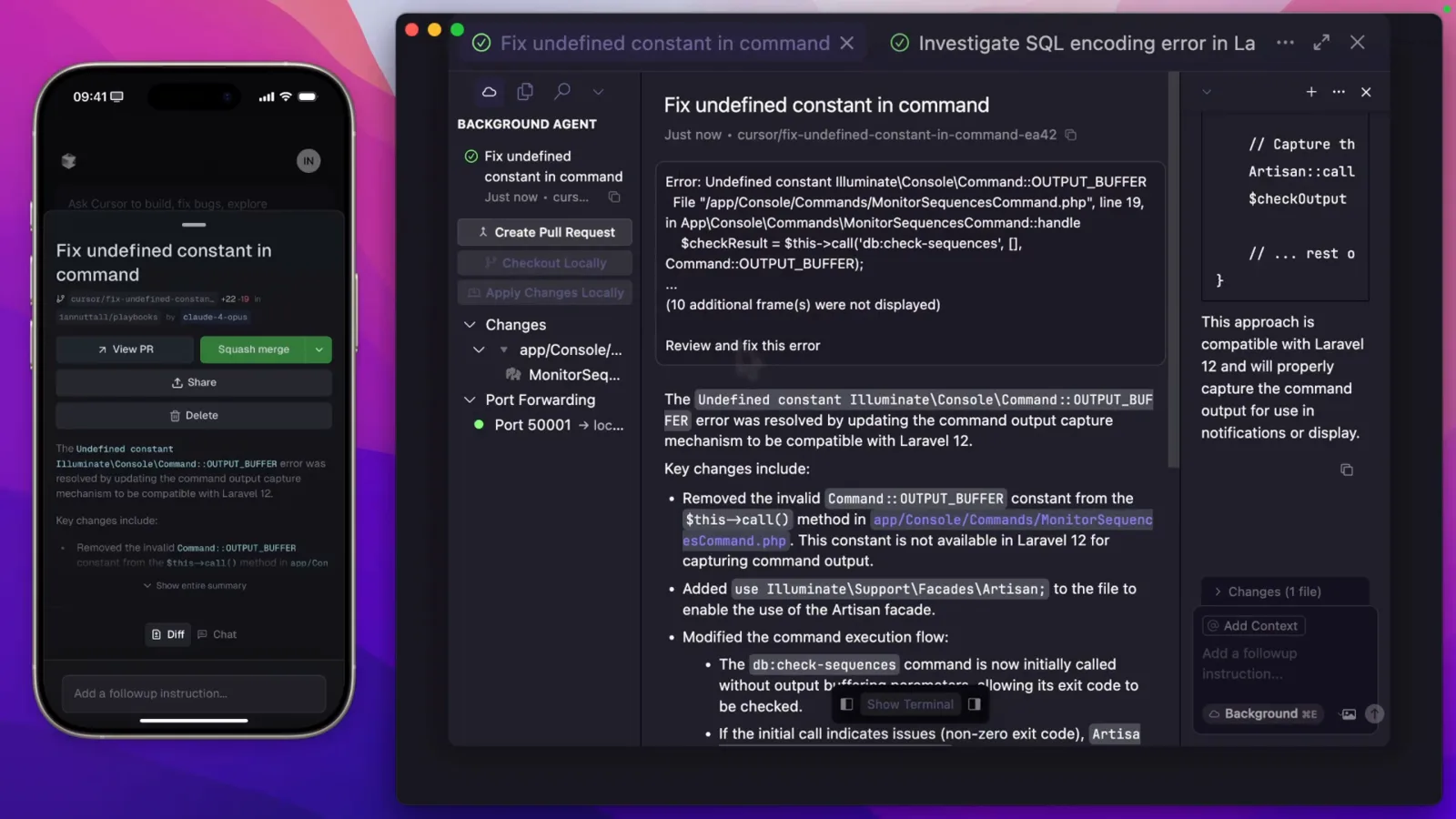 Cursor desktop Background Agent panel with Create Pull Request, Checkout Locally and Apply Changes Locally buttons beside the iPhone showing the same run with a squash merge option Cursor desktop Background Agent panel with Create Pull Request, Checkout Locally and Apply Changes Locally buttons beside the iPhone showing the same run with a squash merge option