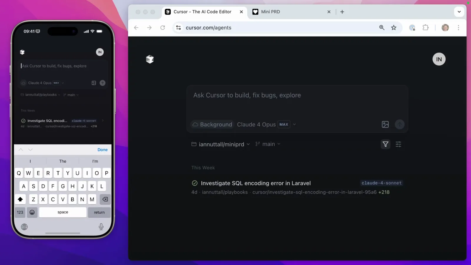 Cursor iOS app on an iPhone with the Ask Cursor prompt box, Claude 4 Opus MAX model selector and the iamnuttall/playbooks repository picker above the iOS keyboard Cursor iOS app on an iPhone with the Ask Cursor prompt box, Claude 4 Opus MAX model selector and the iamnuttall/playbooks repository picker above the iOS keyboard