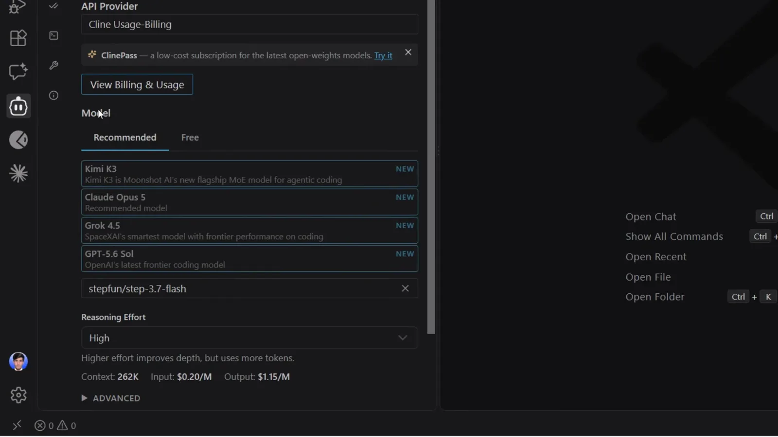 Cline settings panel with the API Provider dropdown set to Cline Usage-Billing, a View Billing and Usage button and the Recommended model list