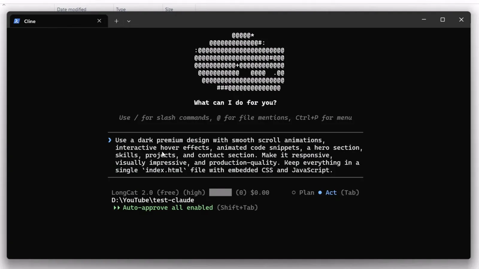Cline CLI receiving a detailed portfolio website prompt that asks for a dark premium single index.html file with embedded CSS and JavaScript