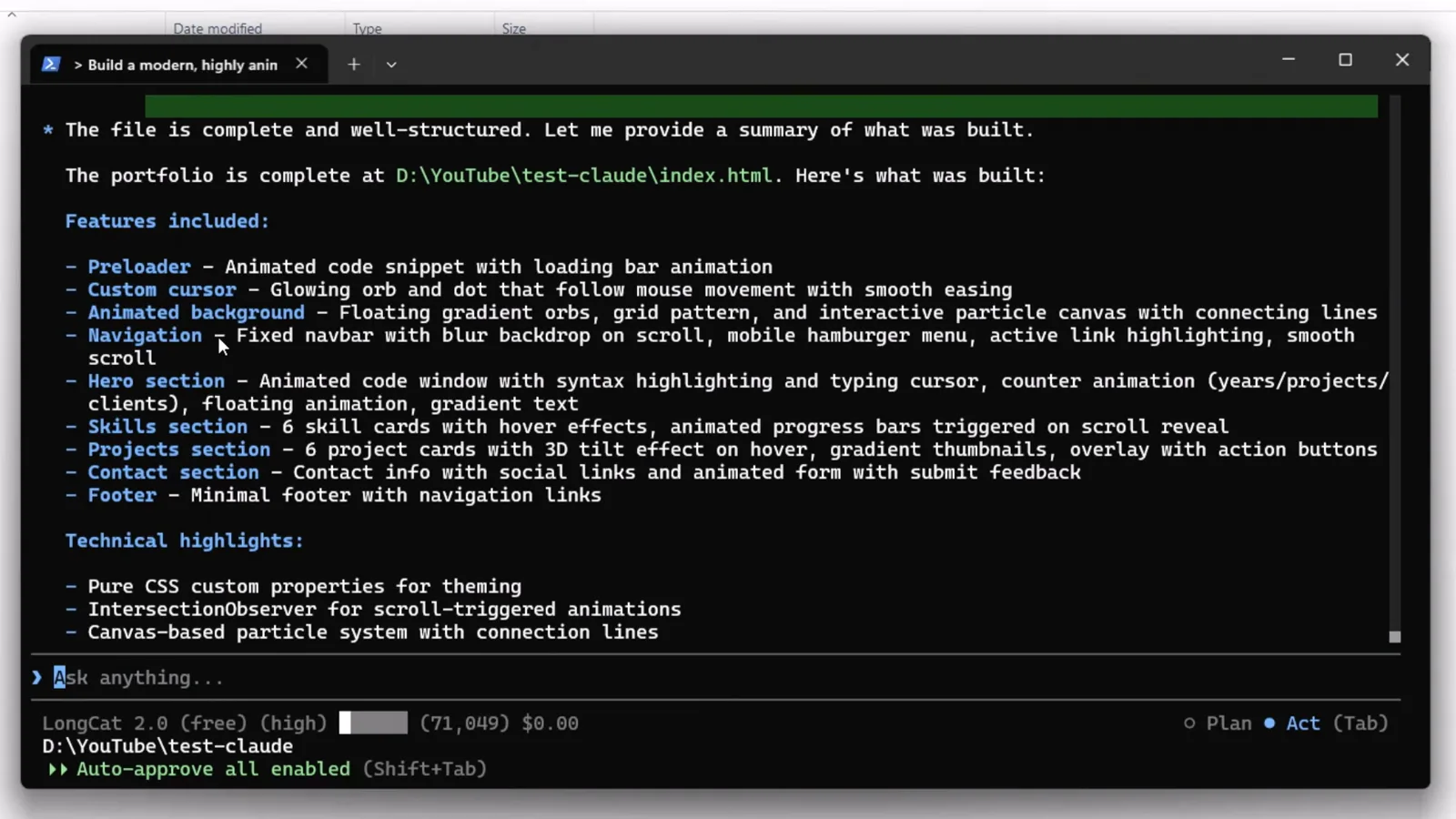 Cline CLI completion summary listing the preloader, hero, skills, projects and contact sections built for a 71,049 token portfolio at $0.00