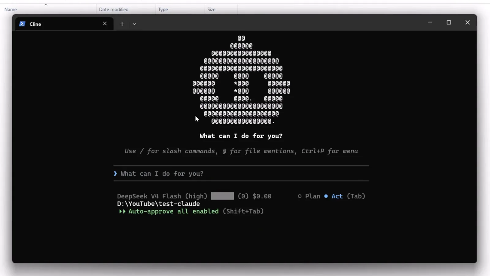 Cline CLI welcome screen with the What can I do for you prompt and a status line showing DeepSeek V4 Flash selected at $0.00