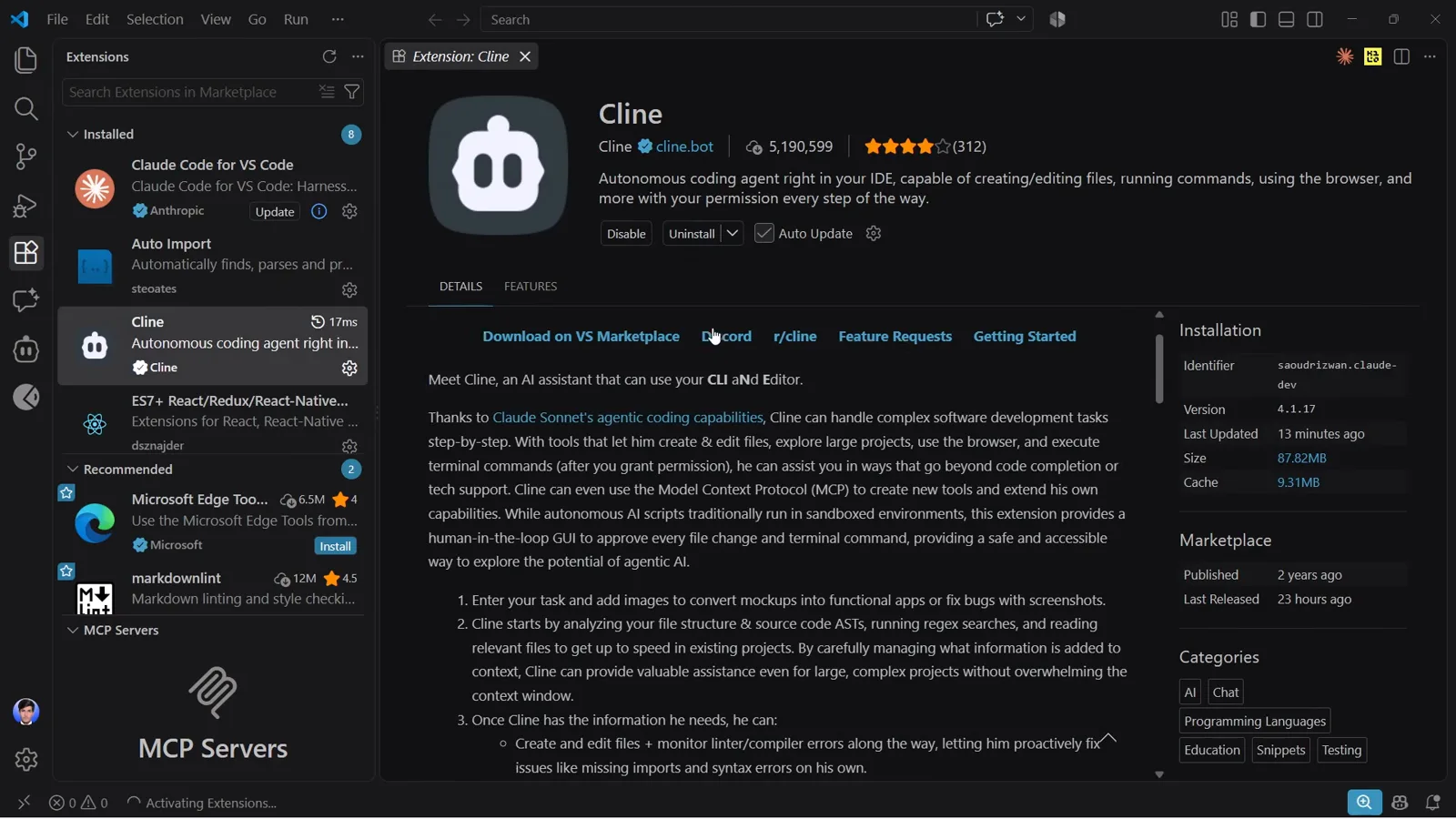 Cline extension detail page in the VS Code marketplace showing 5,190,599 installs, the cline.bot publisher link and the Disable and Uninstall buttons