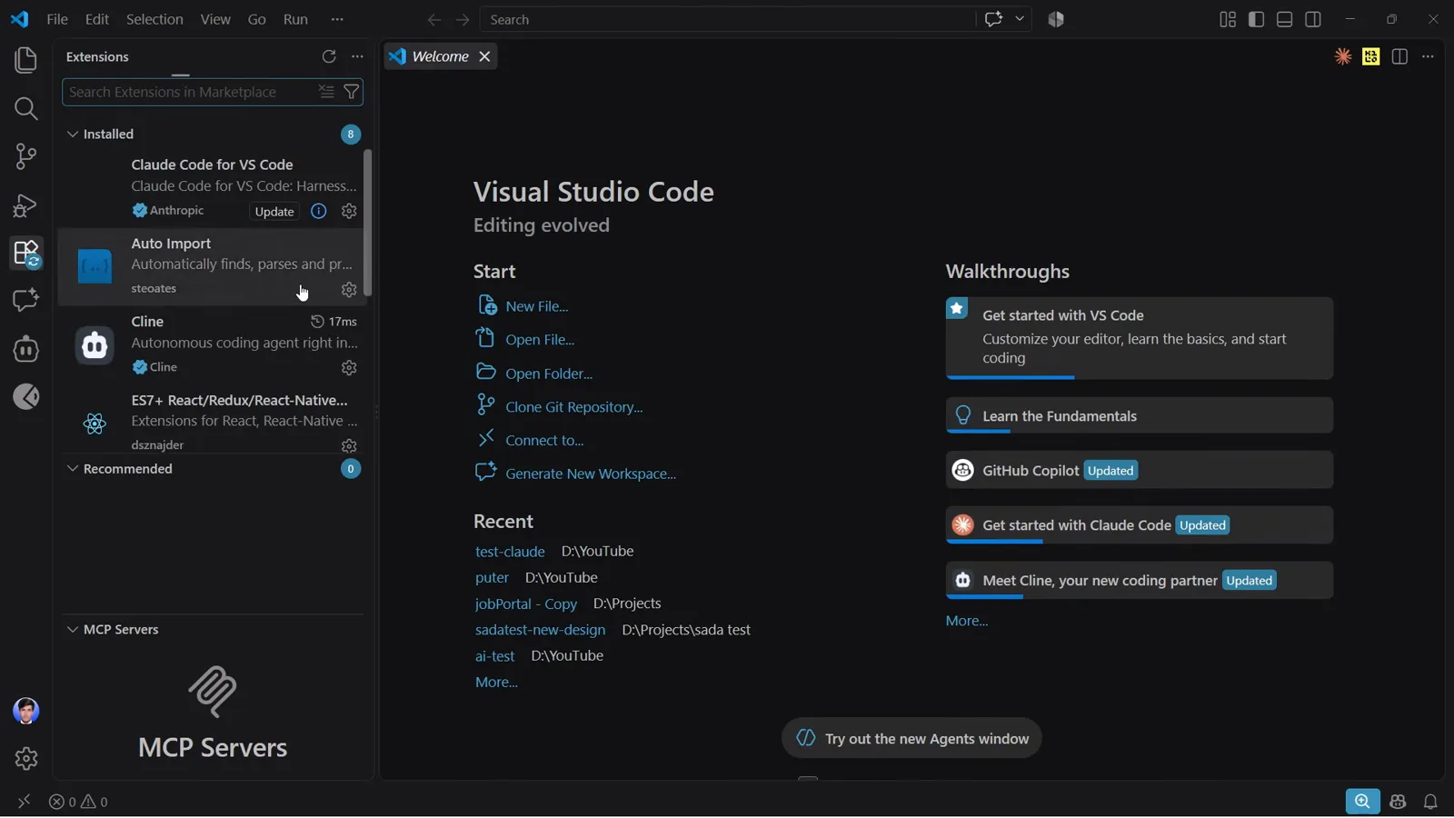 VS Code Extensions view with the installed Cline extension listed as Autonomous coding agent right in your IDE beside the Welcome tab walkthroughs