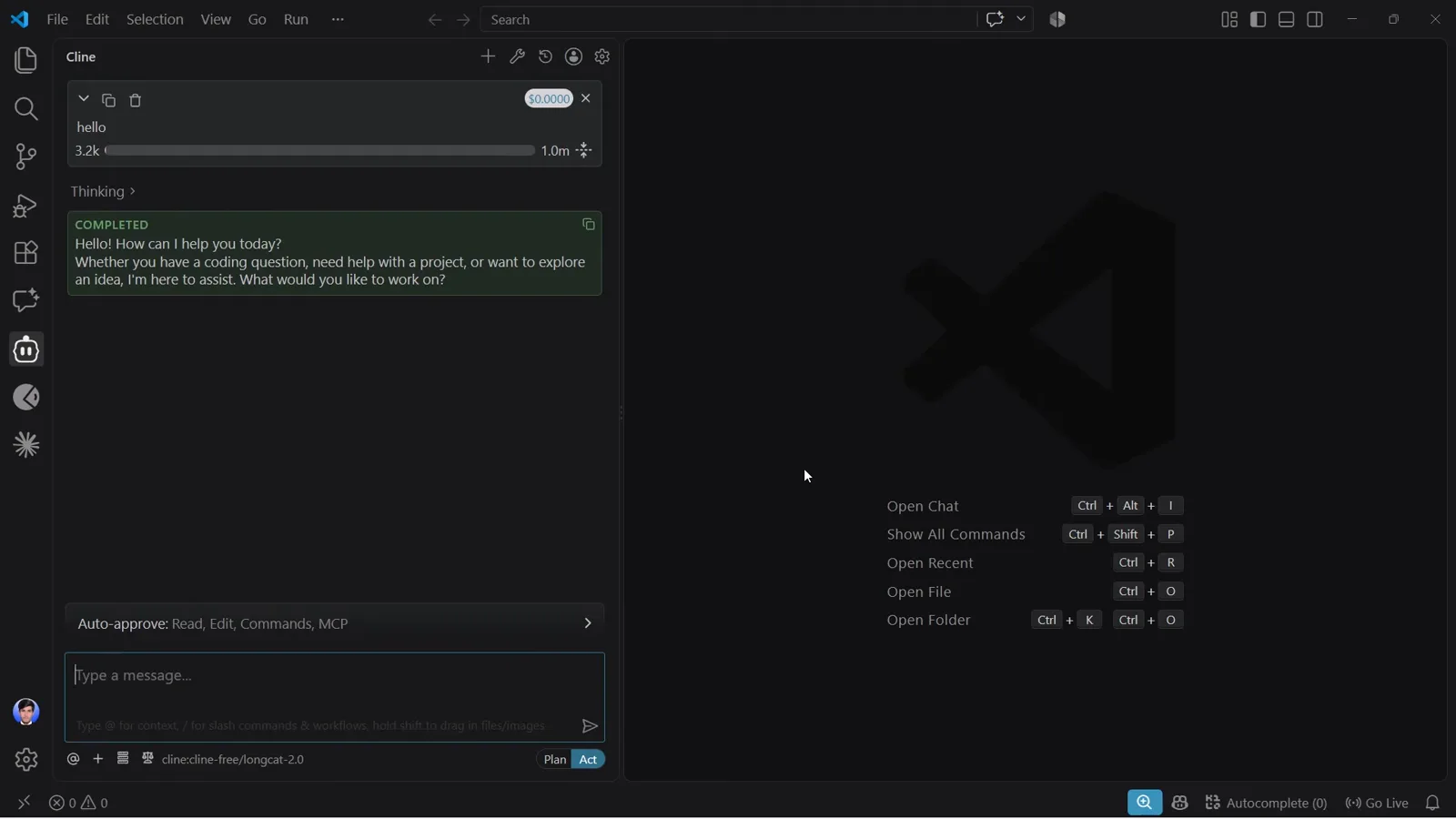 Cline chat panel finishing a hello test message with a green COMPLETED reply and a $0.0000 cost badge above the Auto-approve settings