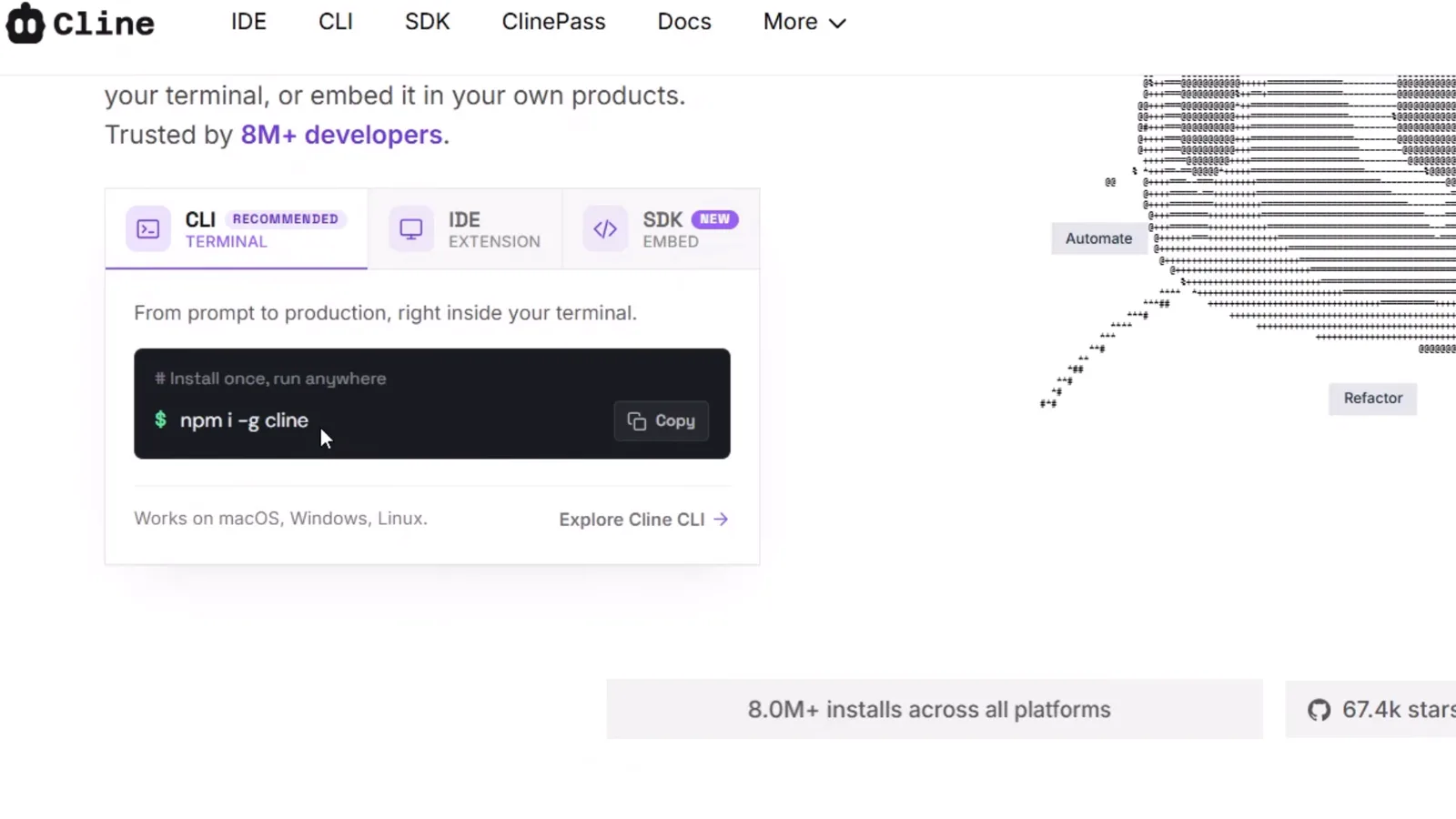Cline install section listing the CLI Recommended, IDE Extension and SDK Embed tabs above the npm i -g cline terminal command with its Copy button