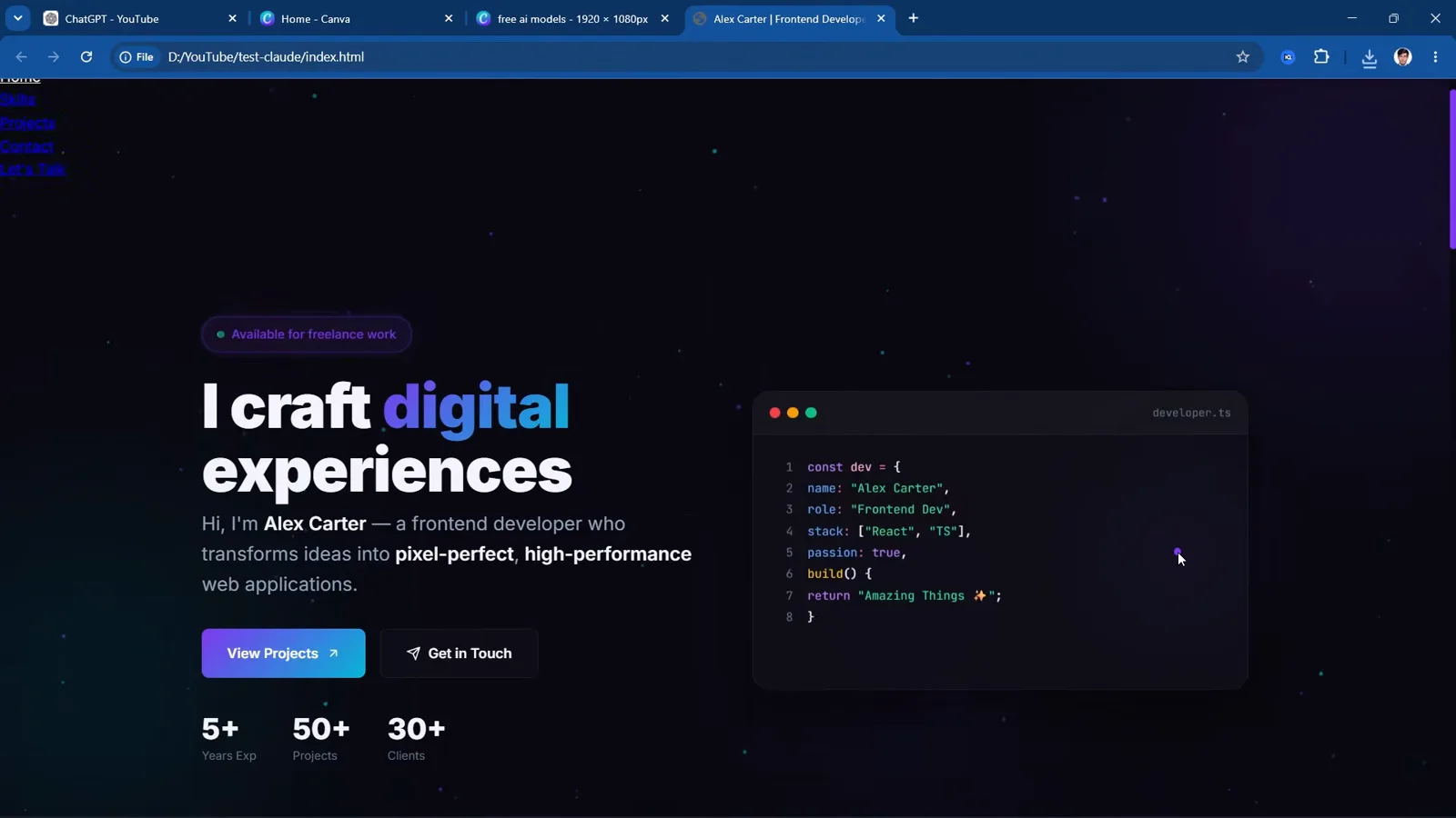 Finished dark portfolio website in Chrome with the I craft digital experiences hero, a developer.ts code card and a View Projects call to action