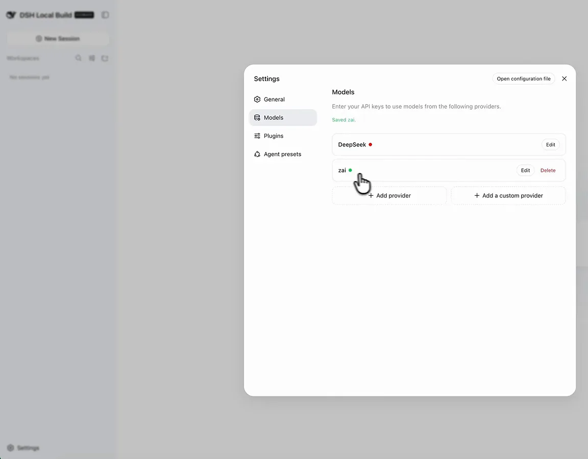 DeepSeek Harness Models settings listing the DeepSeek and Zai providers next to the Add provider buttons