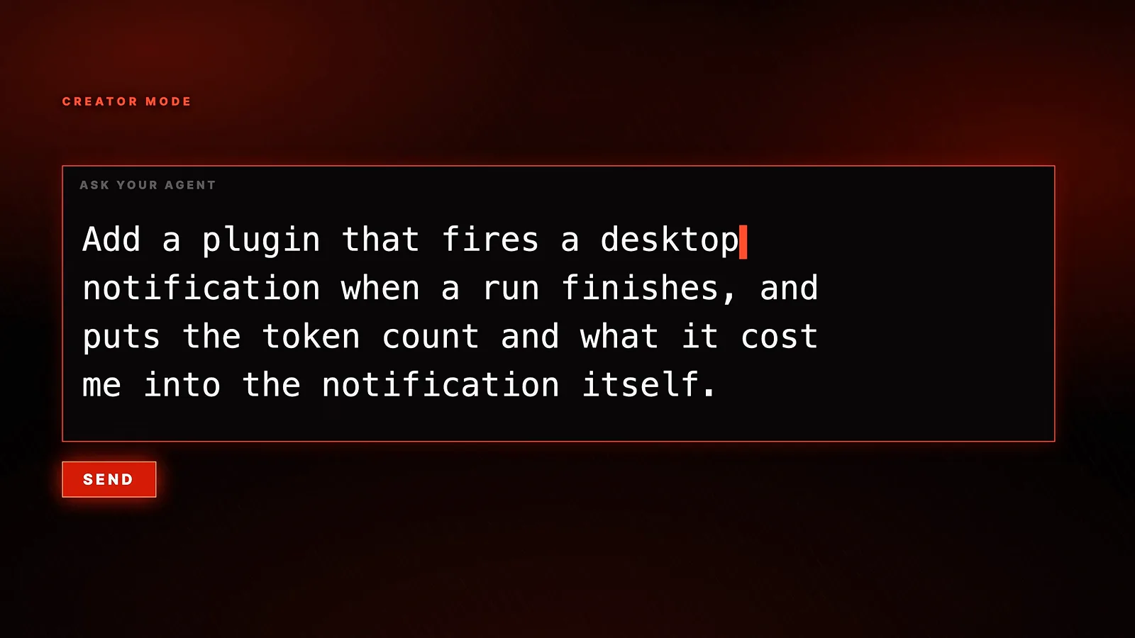 DeepSeek Harness creator mode prompt asking for a plugin that fires a desktop notification when a run finishes