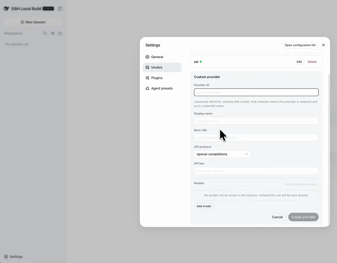 Custom provider form in DeepSeek Harness with Ollama base URL and openai-completions protocol fields before Create provider
