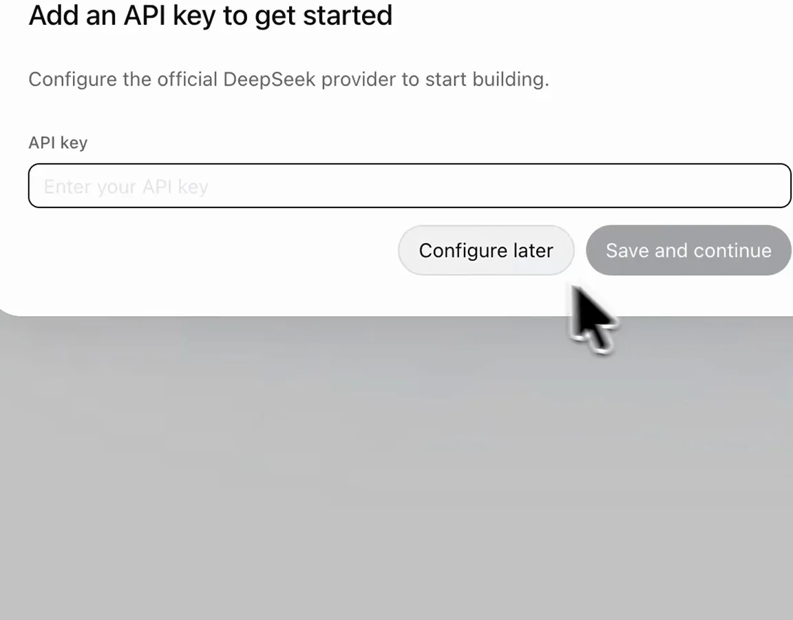 DeepSeek Harness first-run API key dialog with a Configure later button for skipping the official DeepSeek provider