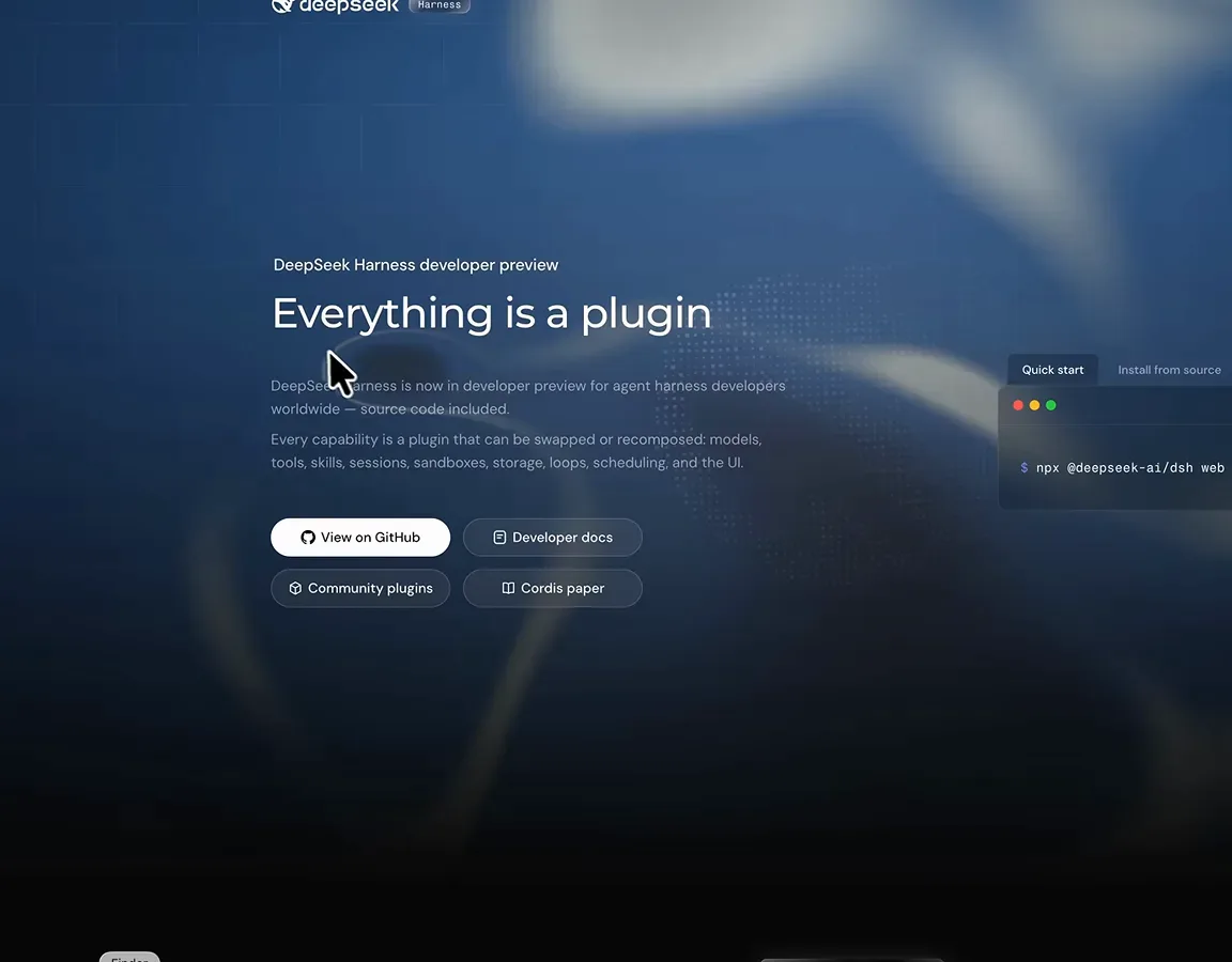 DeepSeek Harness website homepage showing the Everything is a plugin tagline with View on GitHub and Developer docs buttons