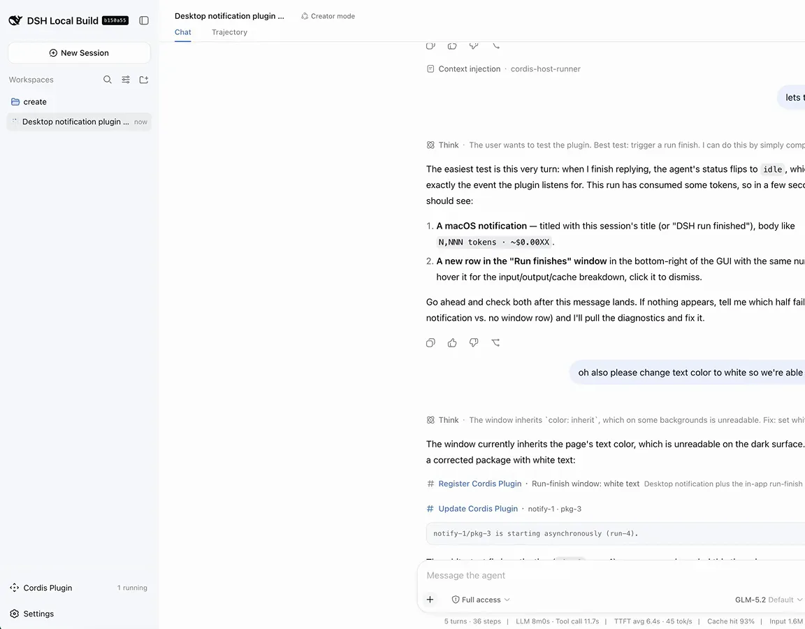DeepSeek Harness chat confirming the desktop notification plugin fired a Run finished alert with session token stats