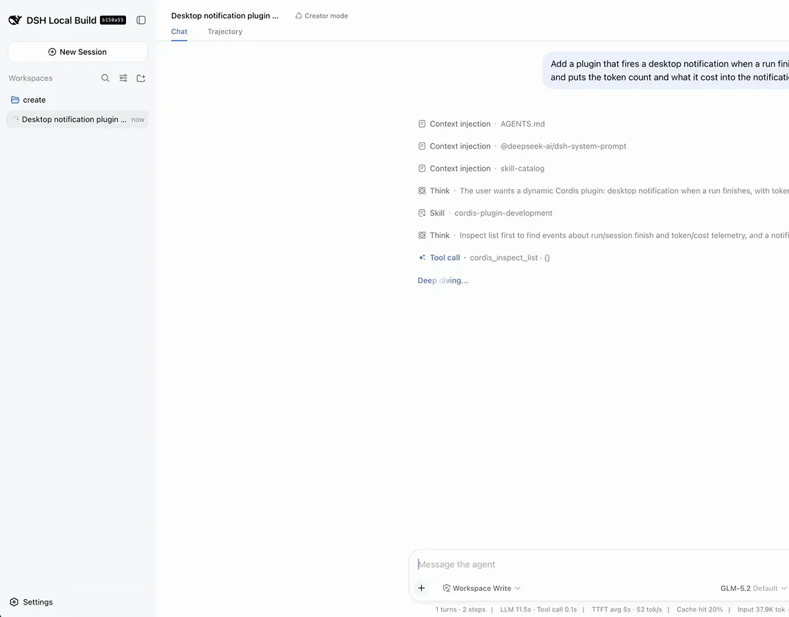 DeepSeek Harness chat running the desktop notification plugin prompt with context injection and tool calls visible