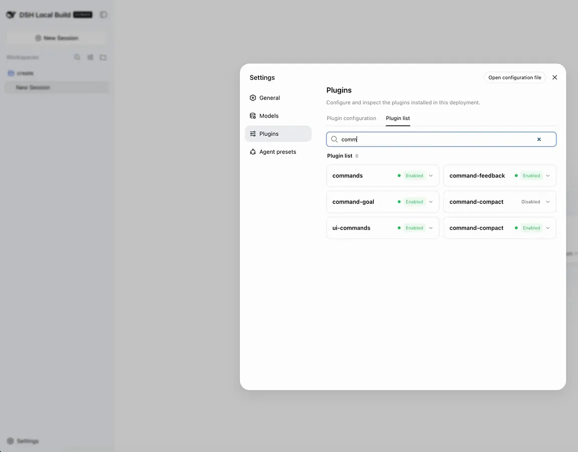 DeepSeek Harness Plugins settings showing command and ui-command plugins with Enabled and Default toggles