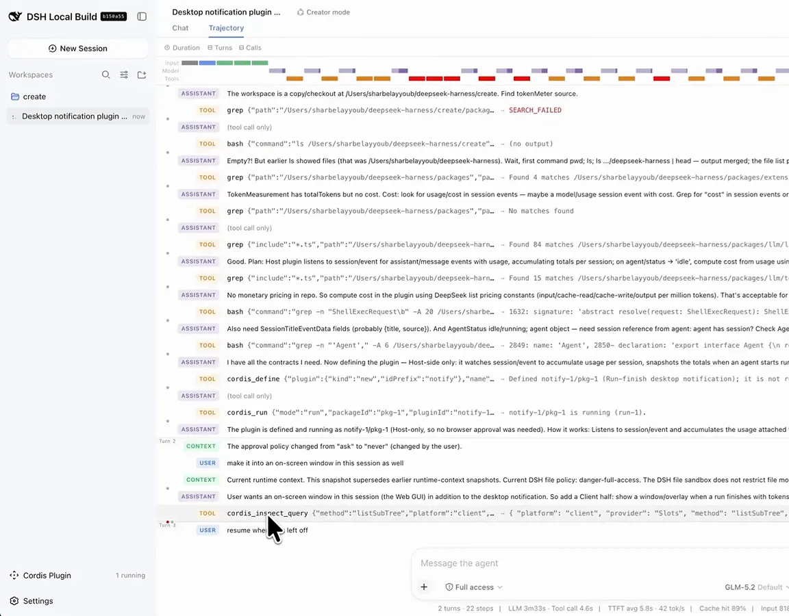 DeepSeek Harness trajectory log showing a cordis workspace query resuming a killed run with its runtime context