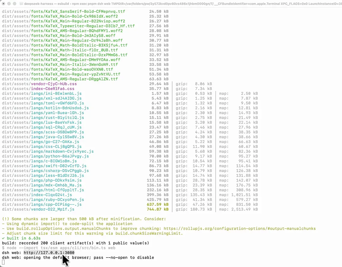 Terminal finishing the DeepSeek Harness install with the local dashboard URL http://127.0.0.1:3880 ready to open