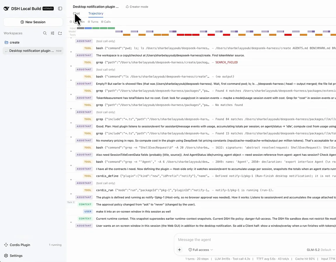 Trajectory tab in DeepSeek Harness with color-coded turn timeline and every assistant and tool call logged