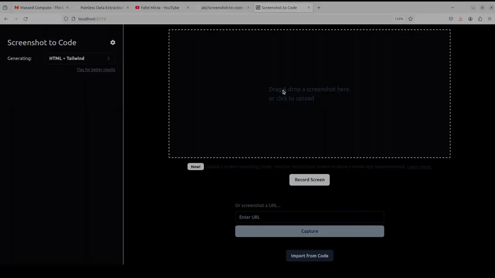 Screenshot to Code switched to dark mode with the dashed Drag and drop a screenshot here box empty and HTML + Tailwind still set as the generating target Screenshot to Code switched to dark mode with the dashed Drag and drop a screenshot here box empty and HTML + Tailwind still set as the generating target
