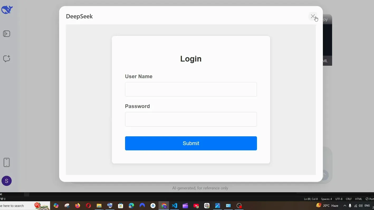 DeepSeek HTML preview modal showing the rebuilt login card with User Name and Password fields and a full-width blue Submit button, captioned AI-generated for reference only DeepSeek HTML preview modal showing the rebuilt login card with User Name and Password fields and a full-width blue Submit button, captioned AI-generated for reference only