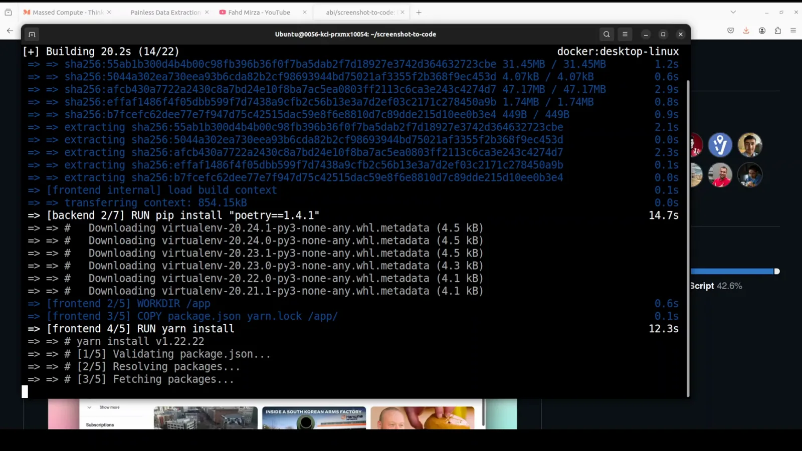 Docker build log for screenshot-to-code at 20.2 seconds, backend layer 2 of 7 installing poetry 1.4.1 while frontend layer 4 of 5 runs yarn install Docker build log for screenshot-to-code at 20.2 seconds, backend layer 2 of 7 installing poetry 1.4.1 while frontend layer 4 of 5 runs yarn install