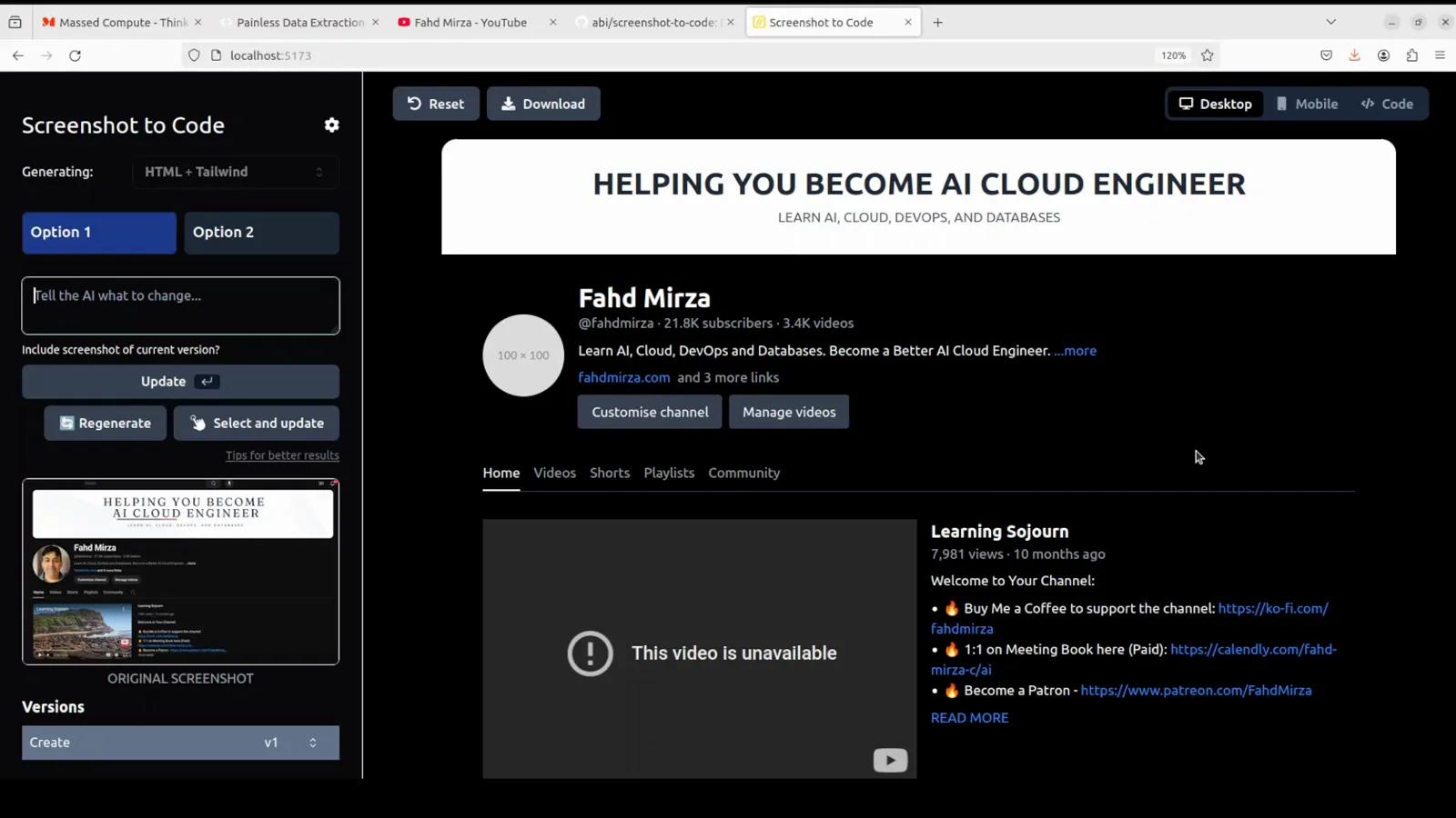 Rebuilt channel banner page rendered inside the Screenshot to Code preview pane, with Desktop, Mobile and Code switches top right and Reset, Download, Regenerate and Select and update around it Rebuilt channel banner page rendered inside the Screenshot to Code preview pane, with Desktop, Mobile and Code switches top right and Reset, Download, Regenerate and Select and update around it