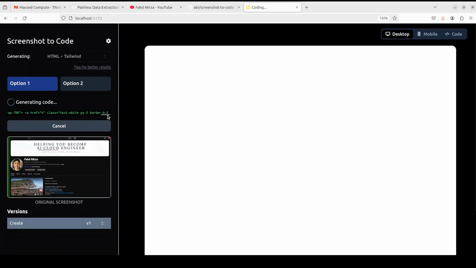 Screenshot to Code mid-generation with Option 1 highlighted over Option 2, a Cancel button under the Generating code spinner, and the uploaded page held as ORIGINAL SCREENSHOT above Create v1 Screenshot to Code mid-generation with Option 1 highlighted over Option 2, a Cancel button under the Generating code spinner, and the uploaded page held as ORIGINAL SCREENSHOT above Create v1