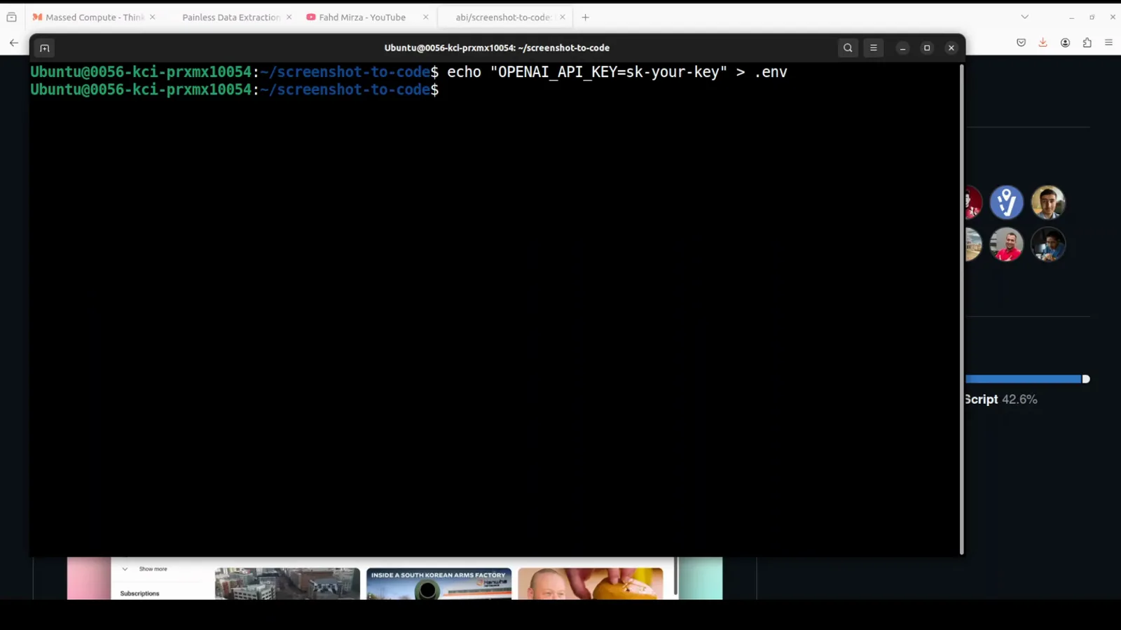Terminal inside the cloned screenshot-to-code folder writing echo OPENAI_API_KEY=sk-your-key into the backend .env file, still holding the placeholder key from the README Terminal inside the cloned screenshot-to-code folder writing echo OPENAI_API_KEY=sk-your-key into the backend .env file, still holding the placeholder key from the README